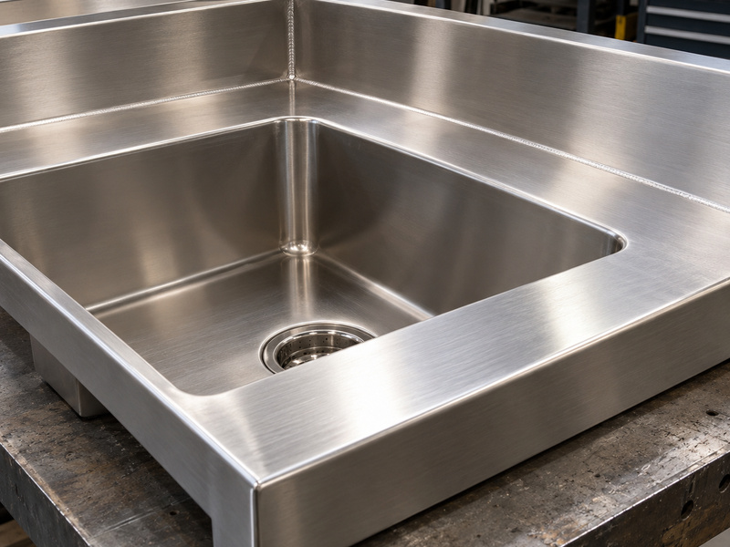 Stainless steel sink and countertop assembly illustrating a kitchen equipment welding application