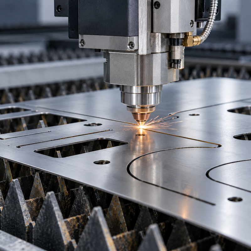 Fiber laser cutting head processing a stainless steel sheet on a metal cutting bed