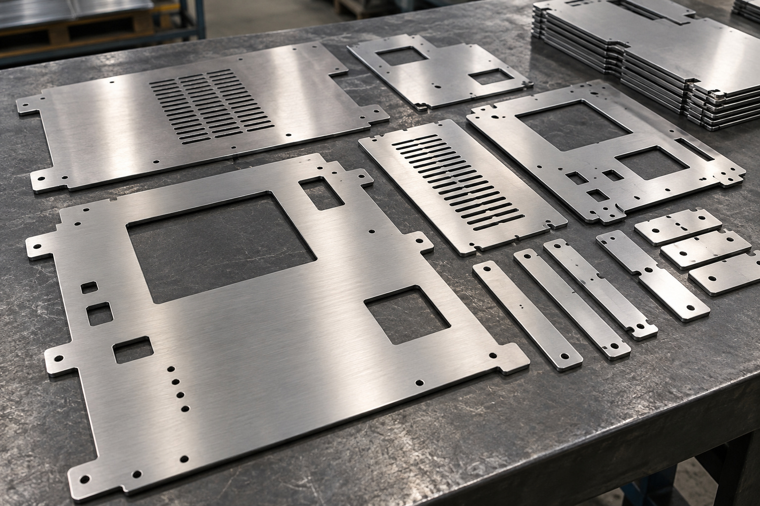 Laser-cut stainless steel enclosure panels and flat component blanks on a workbench