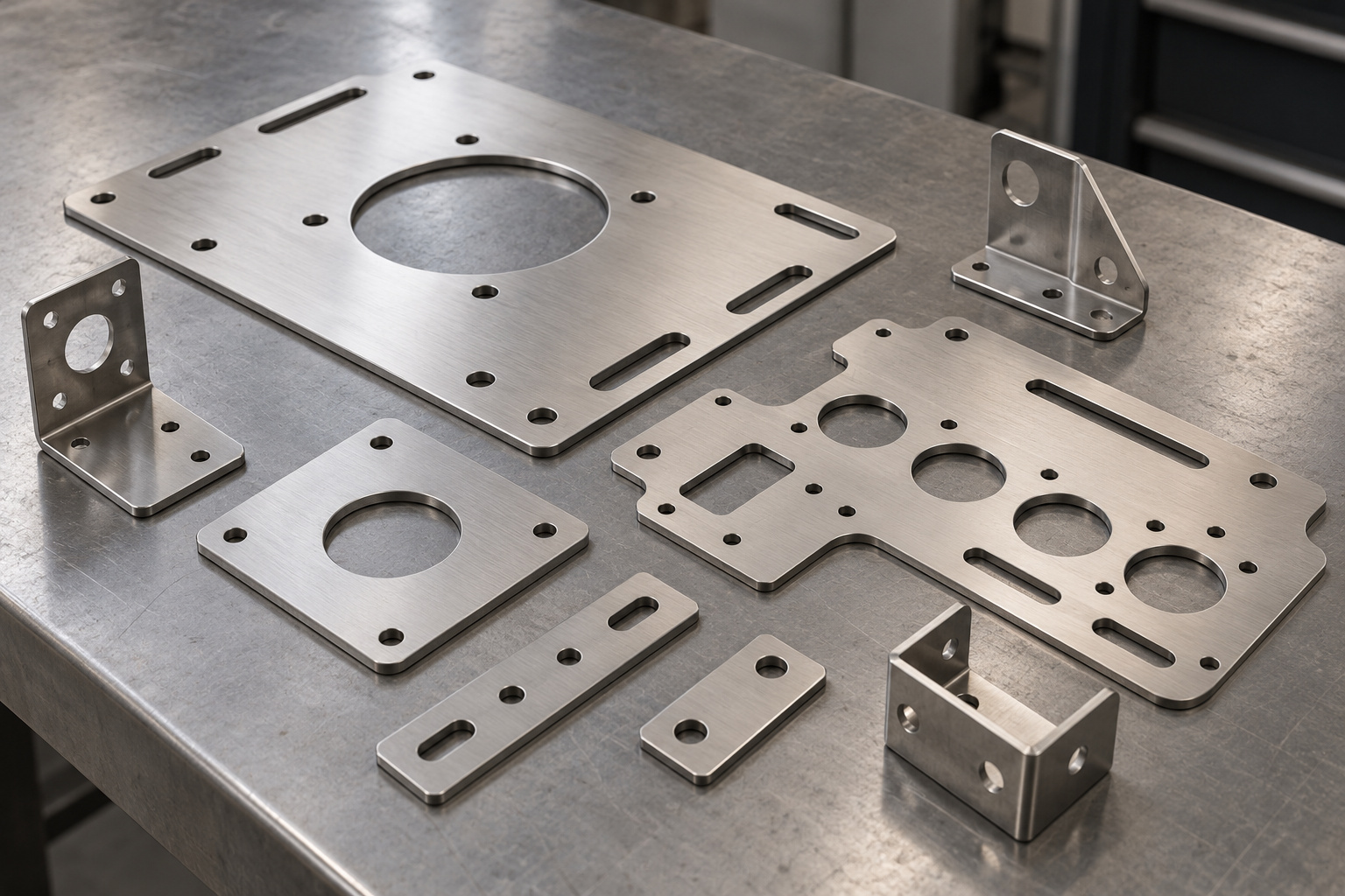Stainless steel mounting plates and formed brackets with laser-cut holes and slots.
