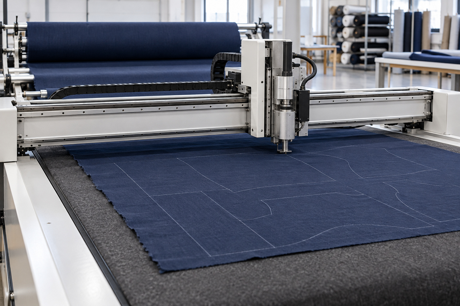 CNC oscillating knife cutting machine processing navy fabric on a flatbed cutting table