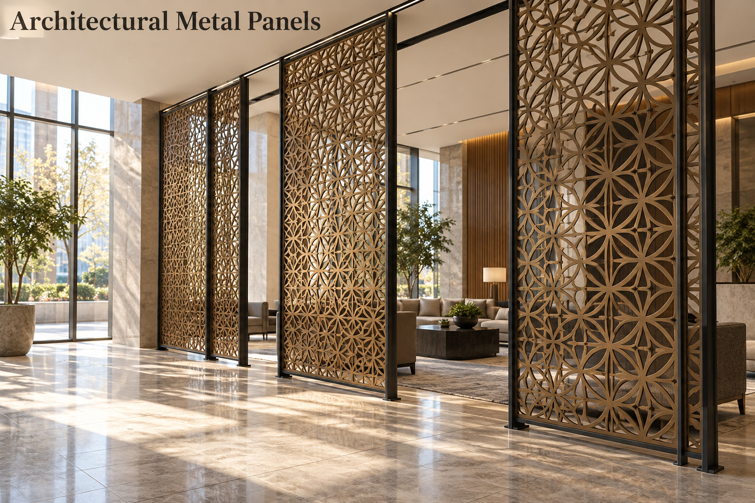 Illustration of geometric metal screen panels installed in supporting frames inside a modern lobby