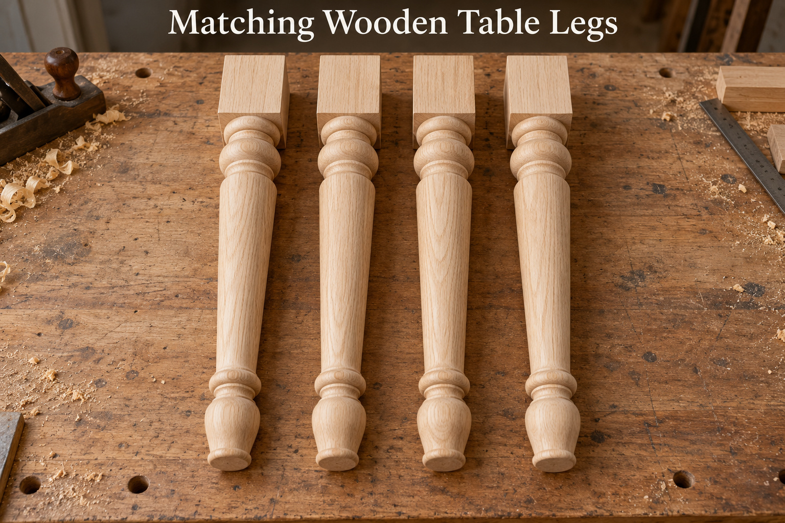 Illustration of four matching unfinished wooden table legs with square mounting blocks and turned profiles