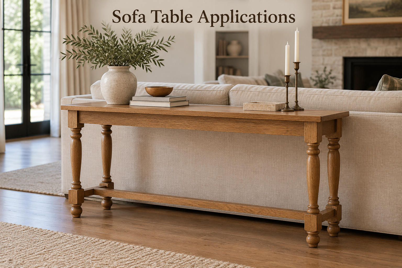 Illustration of a wooden sofa console table with turned legs, an apron, and lower stretchers behind a beige sofa
