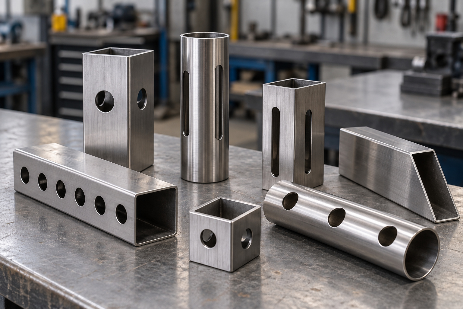 Round and rectangular metal tube components with cut holes, slots and end profiles.