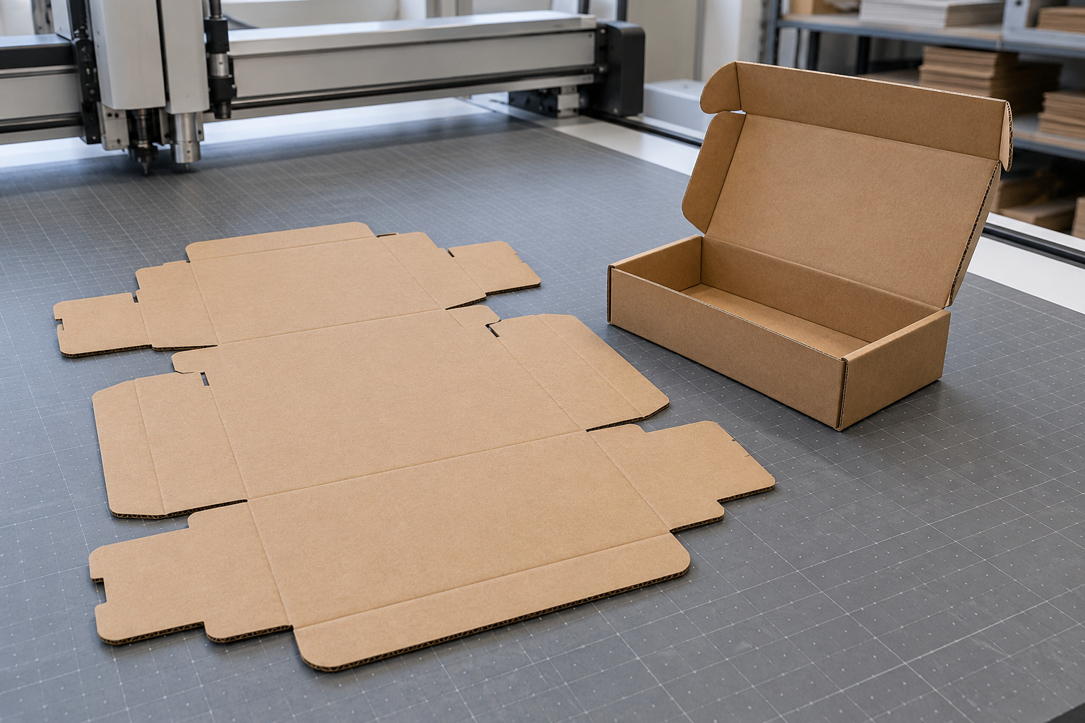 Corrugated carton blank and an assembled kraft mailer box on a cutting table