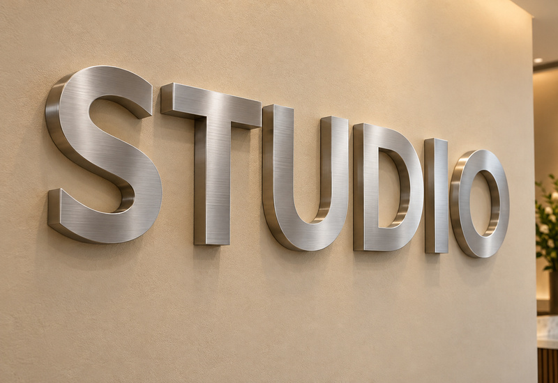 Brushed stainless steel STUDIO dimensional letters mounted on an interior reception wall