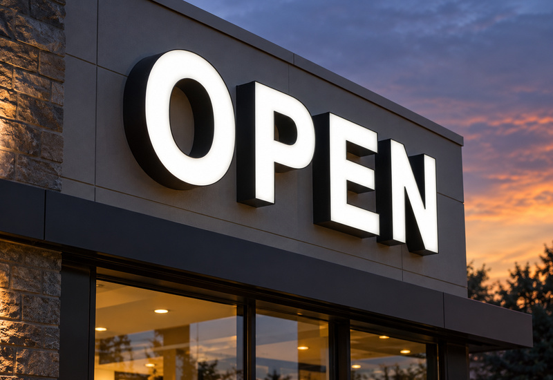 Front-lit OPEN channel letter sign with white illuminated faces and black metal sidewalls