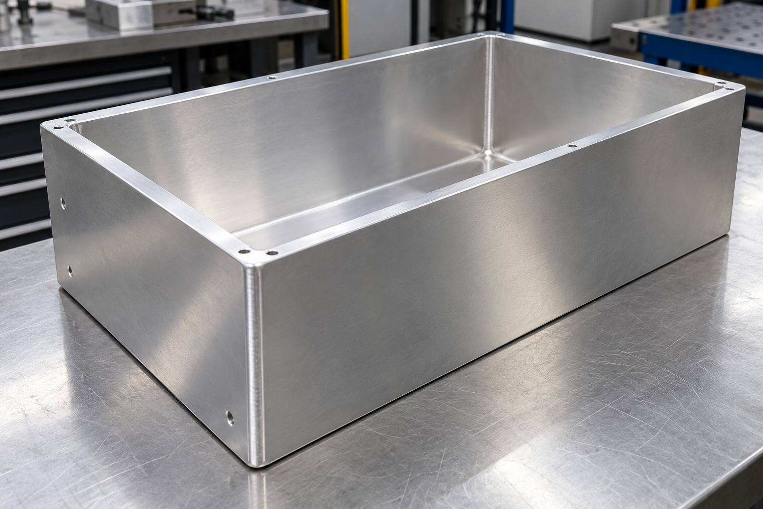 Open aluminum sheet-metal enclosure with narrow welded corner seams