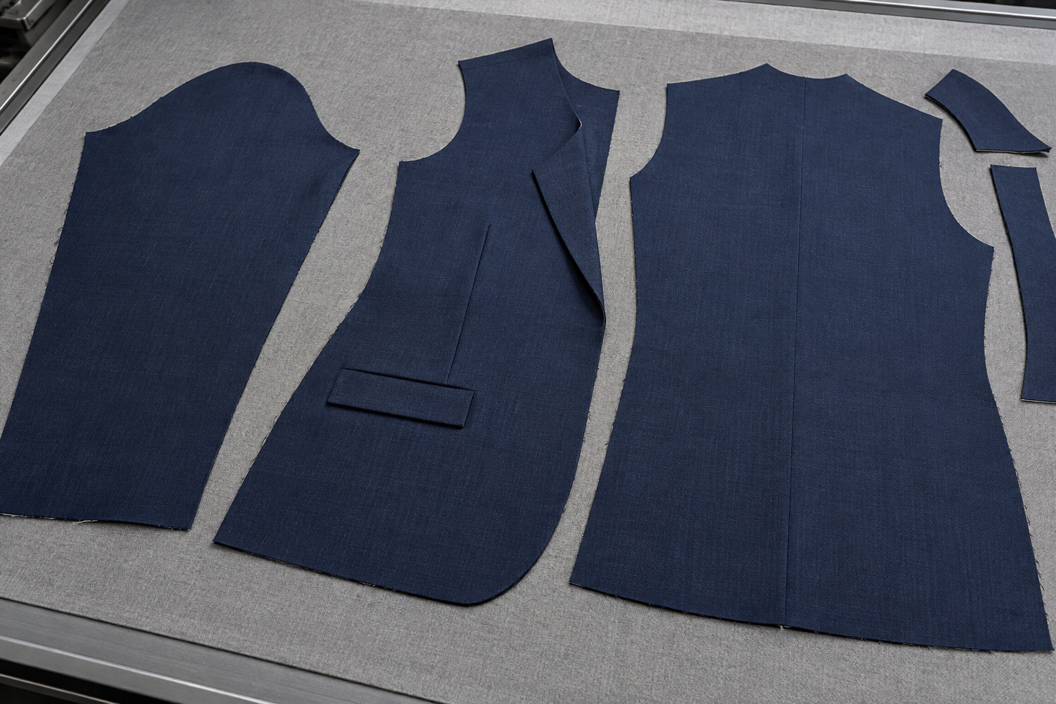 Navy fabric garment pattern pieces arranged on a cutting table.