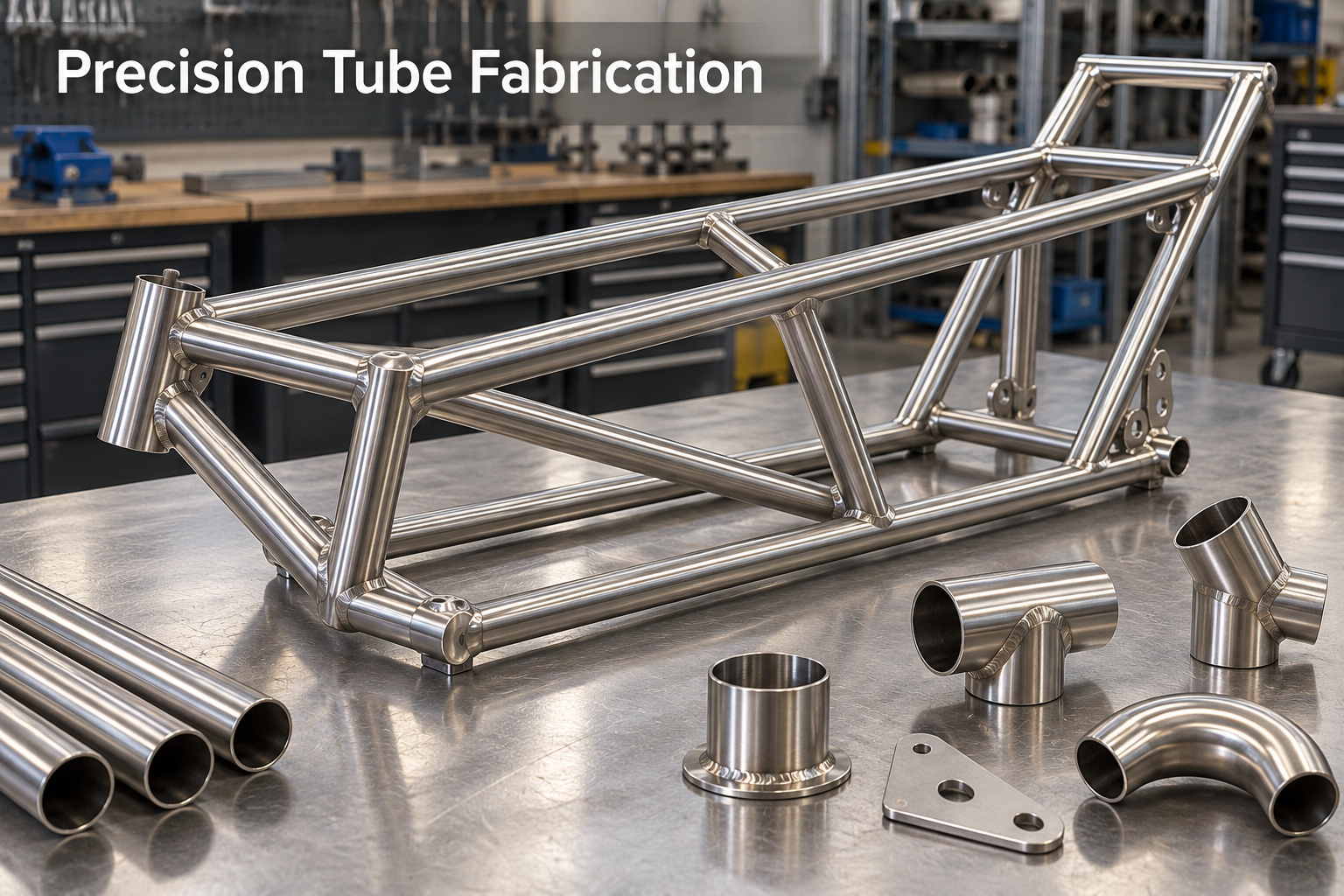 Illustration of a stainless steel tubular frame and welded fittings on a workshop table