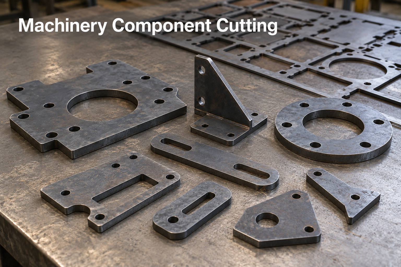 Illustration of carbon steel mounting plates, flanges, and bracket components made from cut metal blanks