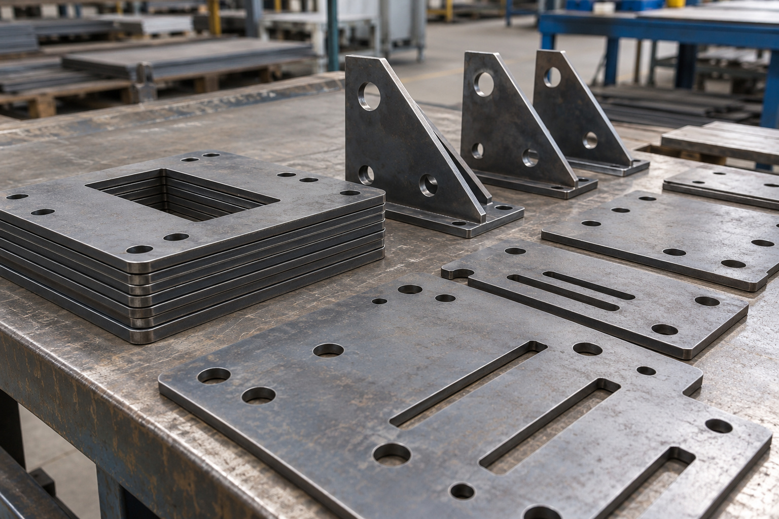Laser-cut carbon steel plates and assembled triangular brackets on a fabrication bench