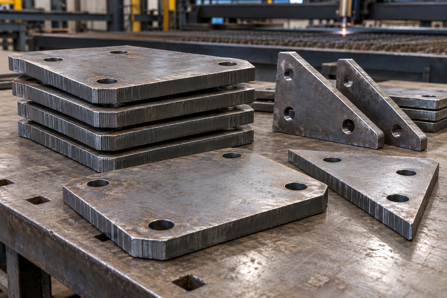 Carbon steel connection plates and triangular gusset blanks on a fabrication workbench