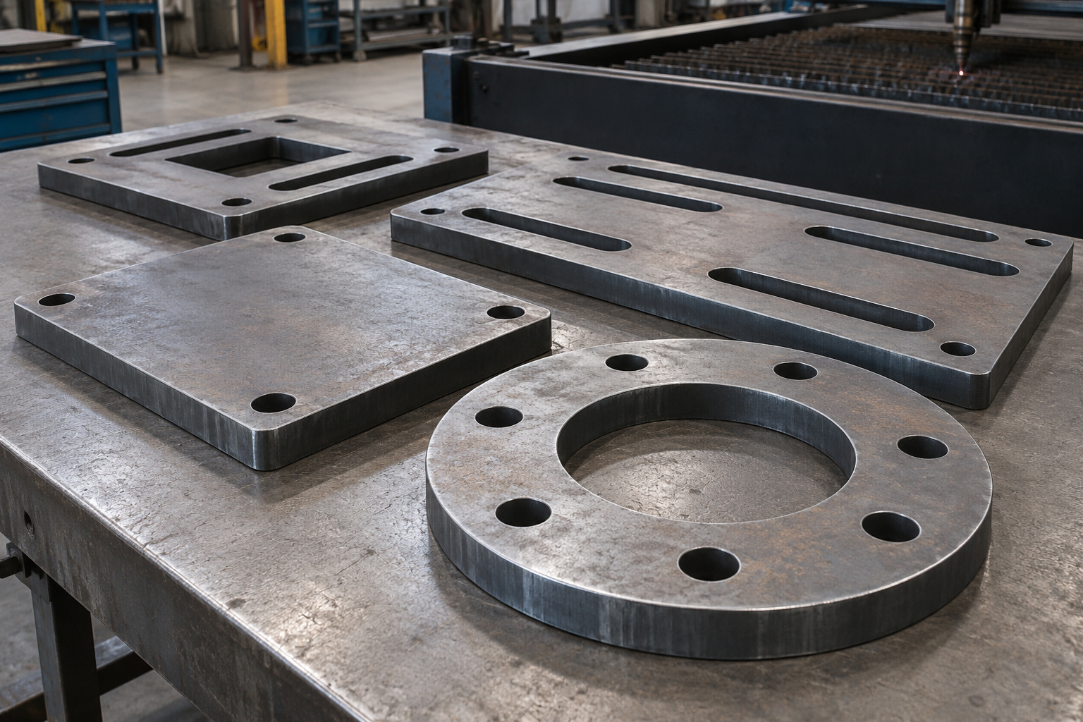 Carbon steel motor-base blanks, slotted mounting plates, and a flange blank on a workbench