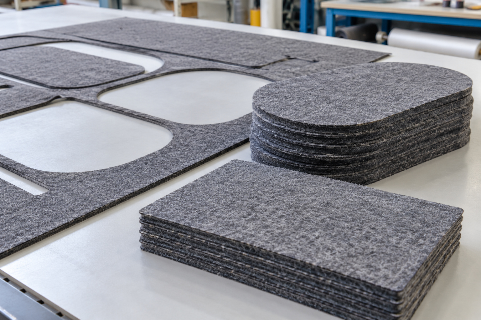 Grey felt and nonwoven textile pads cut into rounded and rectangular shapes
