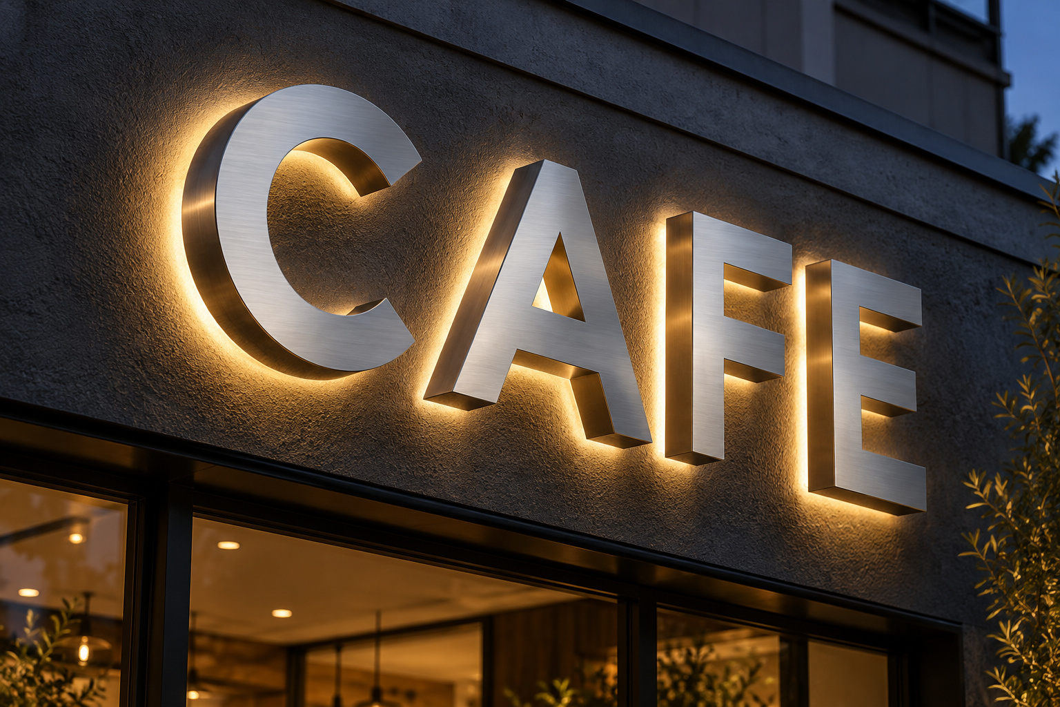 Stainless steel cafe channel letters with warm halo backlighting on a storefront wall