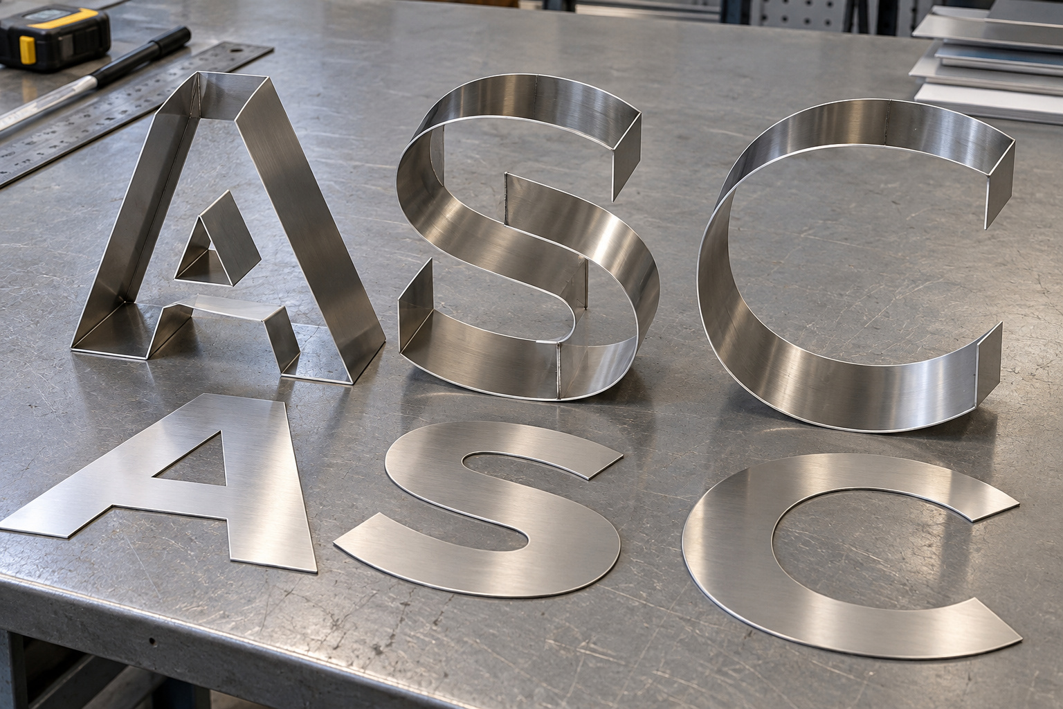 Stainless steel channel letter returns and separate faceplates on a sign-making workbench