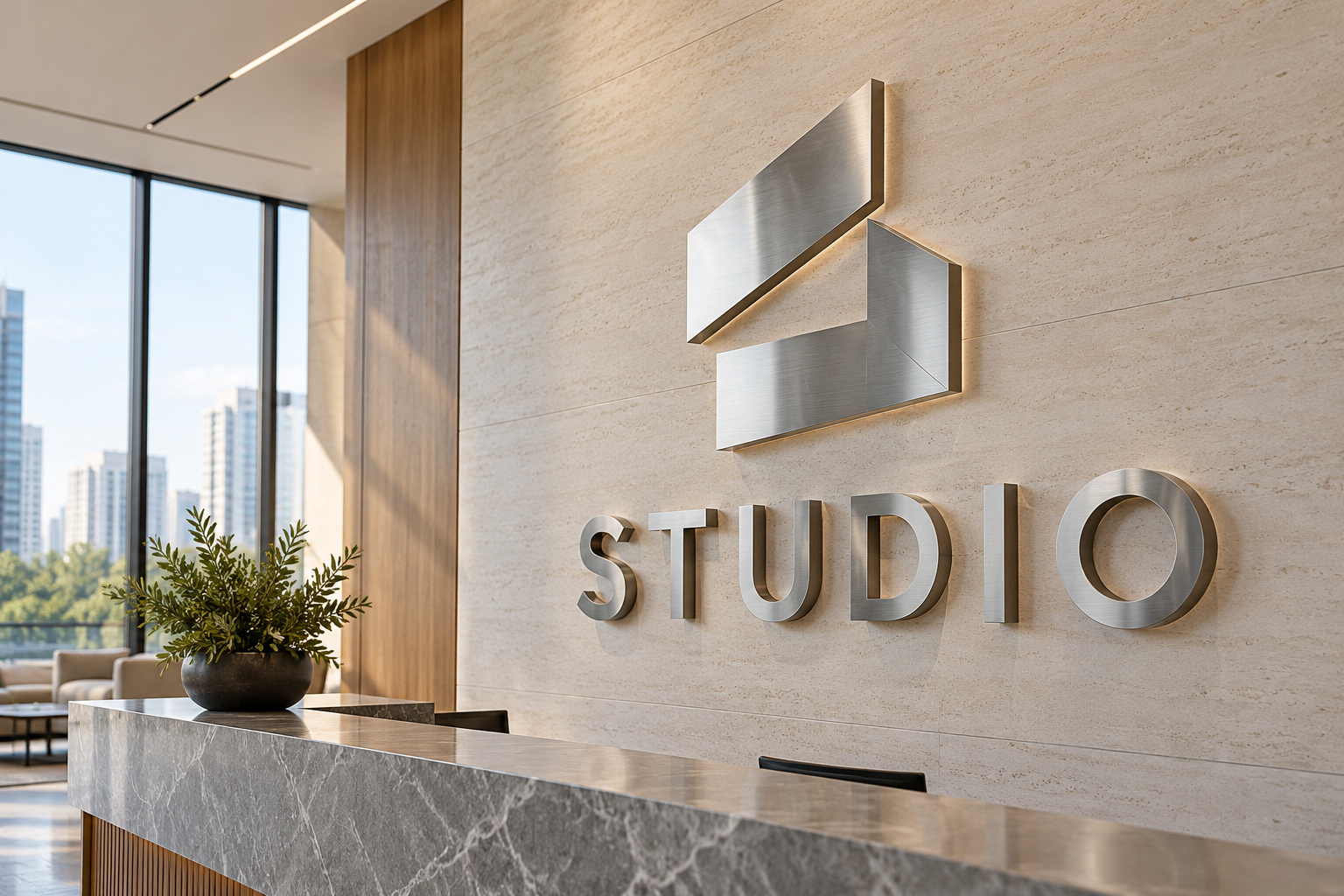 Brushed stainless steel dimensional letters and a geometric logo on a reception wall