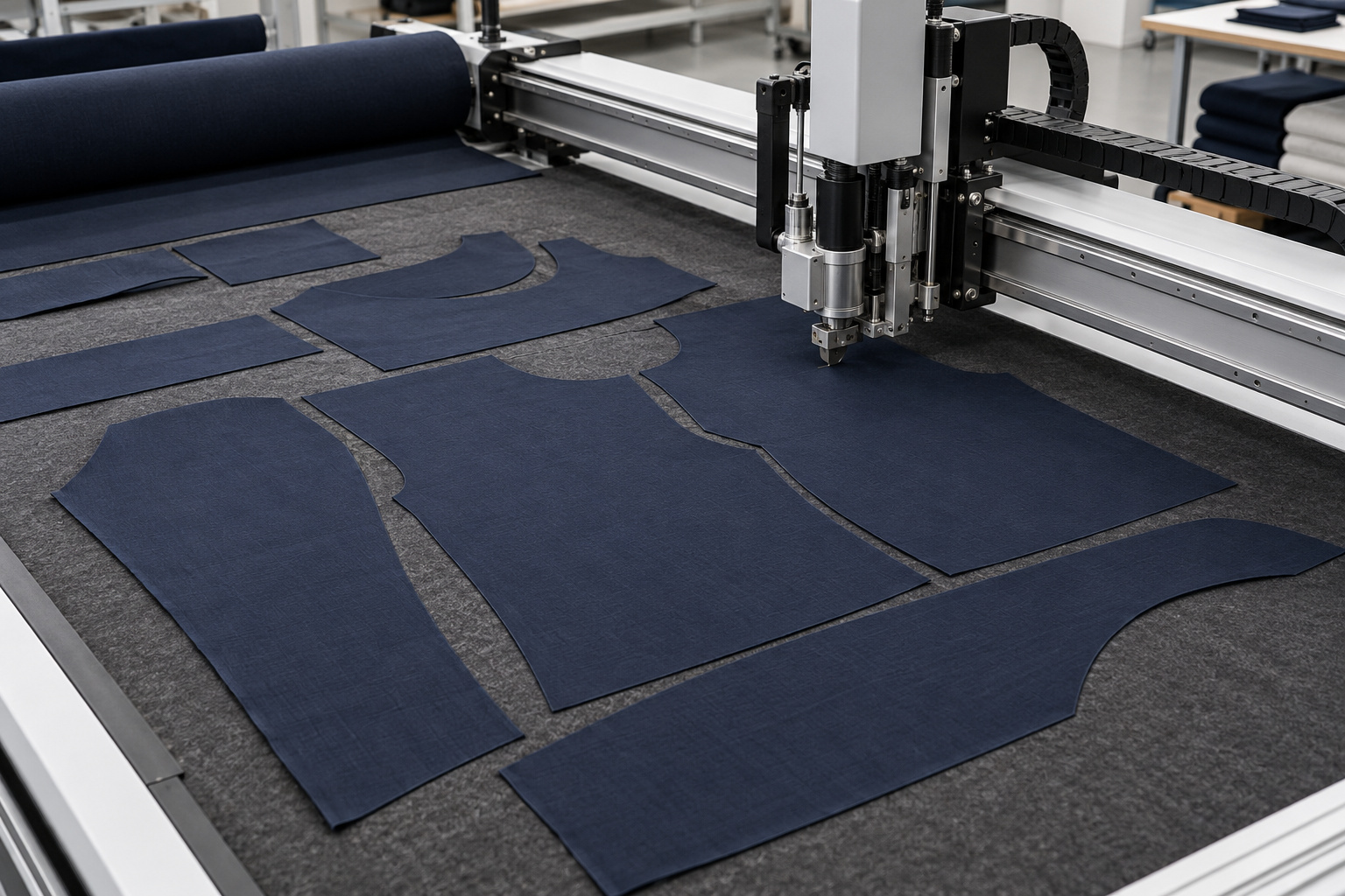 CNC digital cutter cutting garment pattern shapes from navy fabric