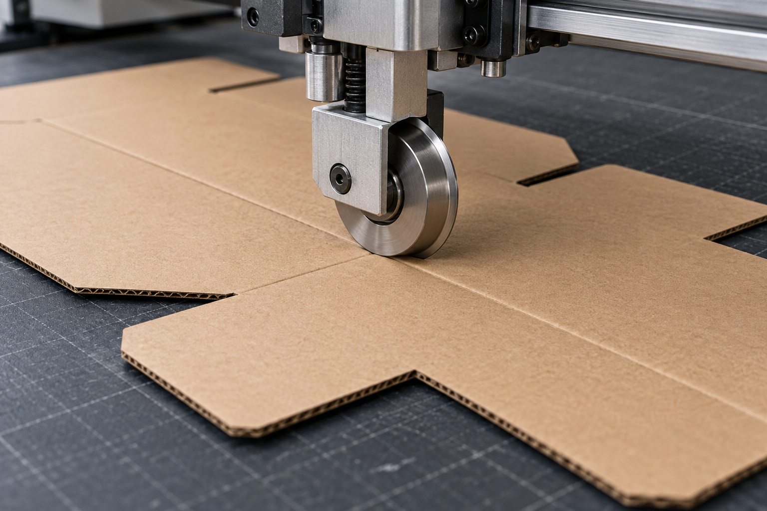 Digital creasing wheel forming a fold line in corrugated cardboard