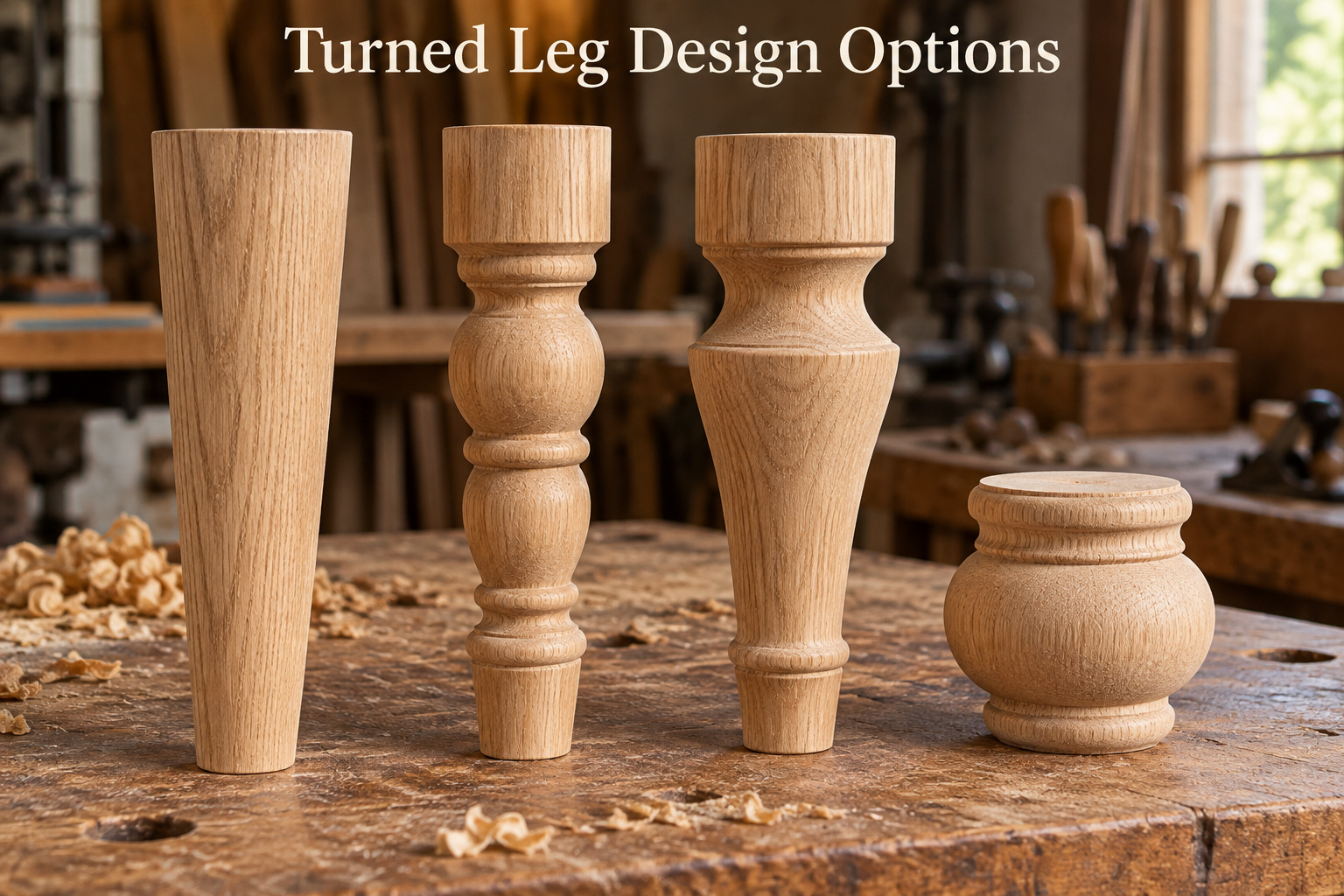 Illustration of tapered, beaded, and curved wooden leg profiles alongside a short turned furniture foot