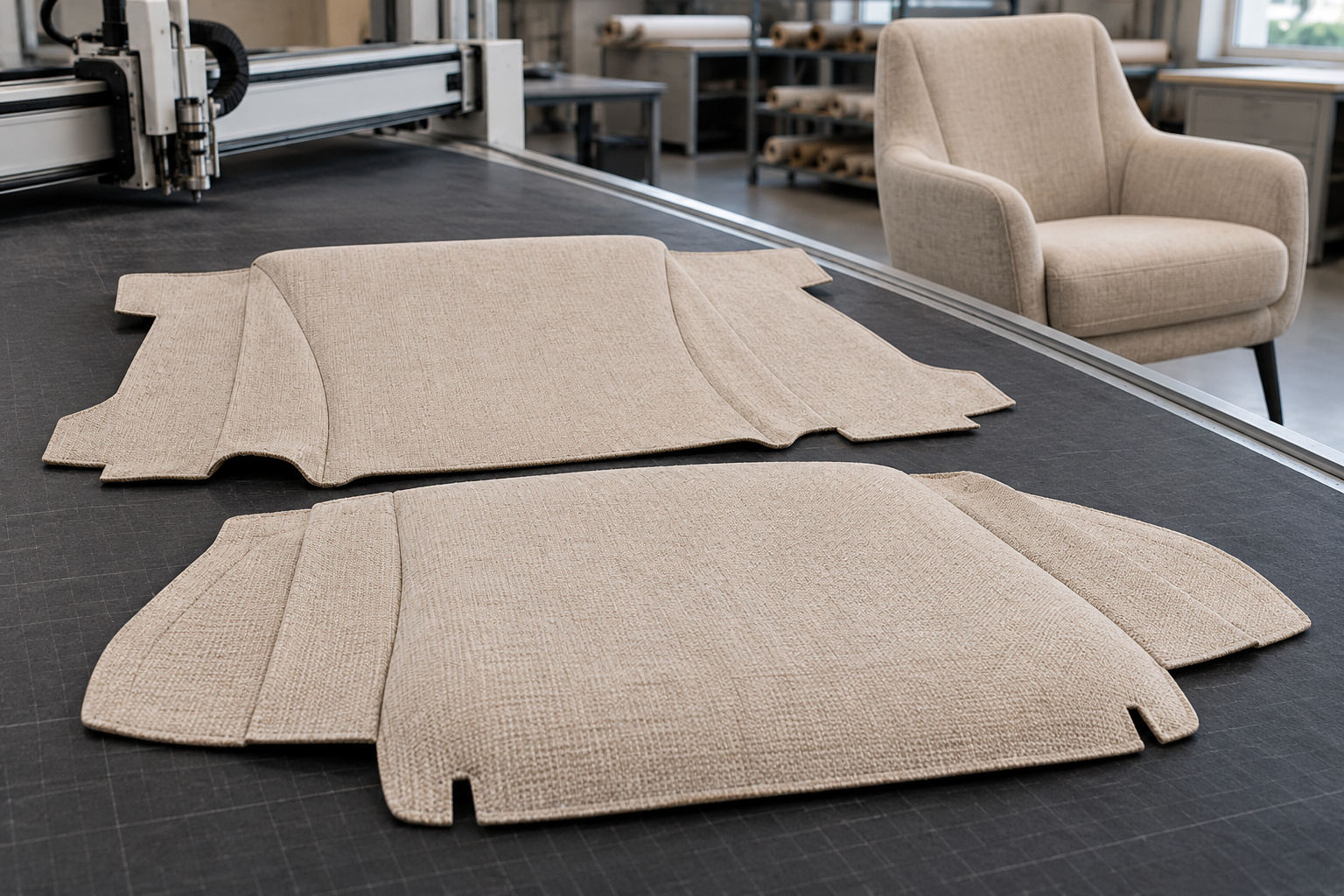 Beige upholstery fabric panels prepared for furniture cover production