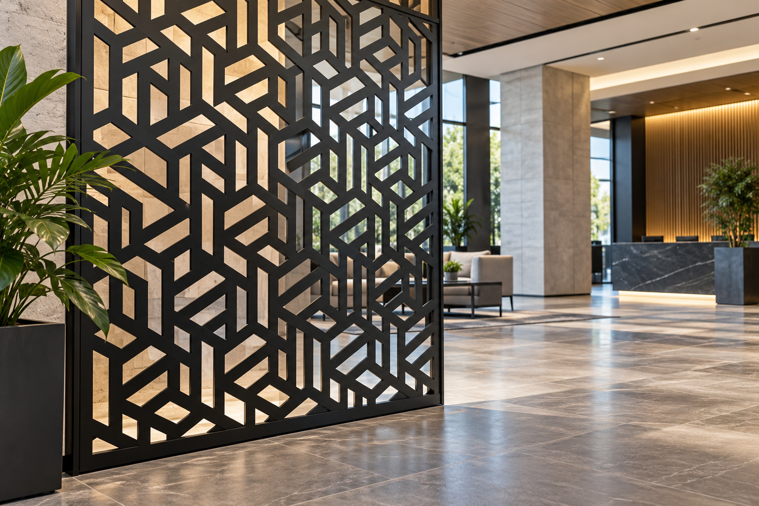 Black finished metal panel with geometric laser-cut openings in a modern lobby