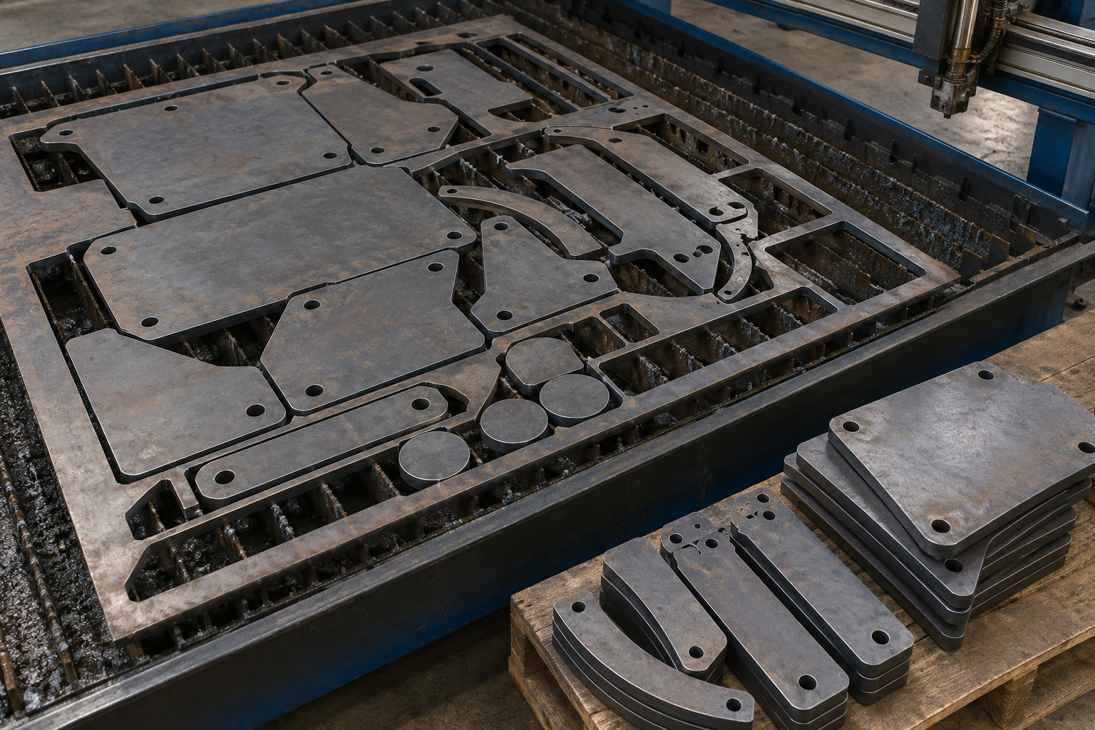 Nested carbon steel plate profiles and cut blanks on a CNC plasma cutting table