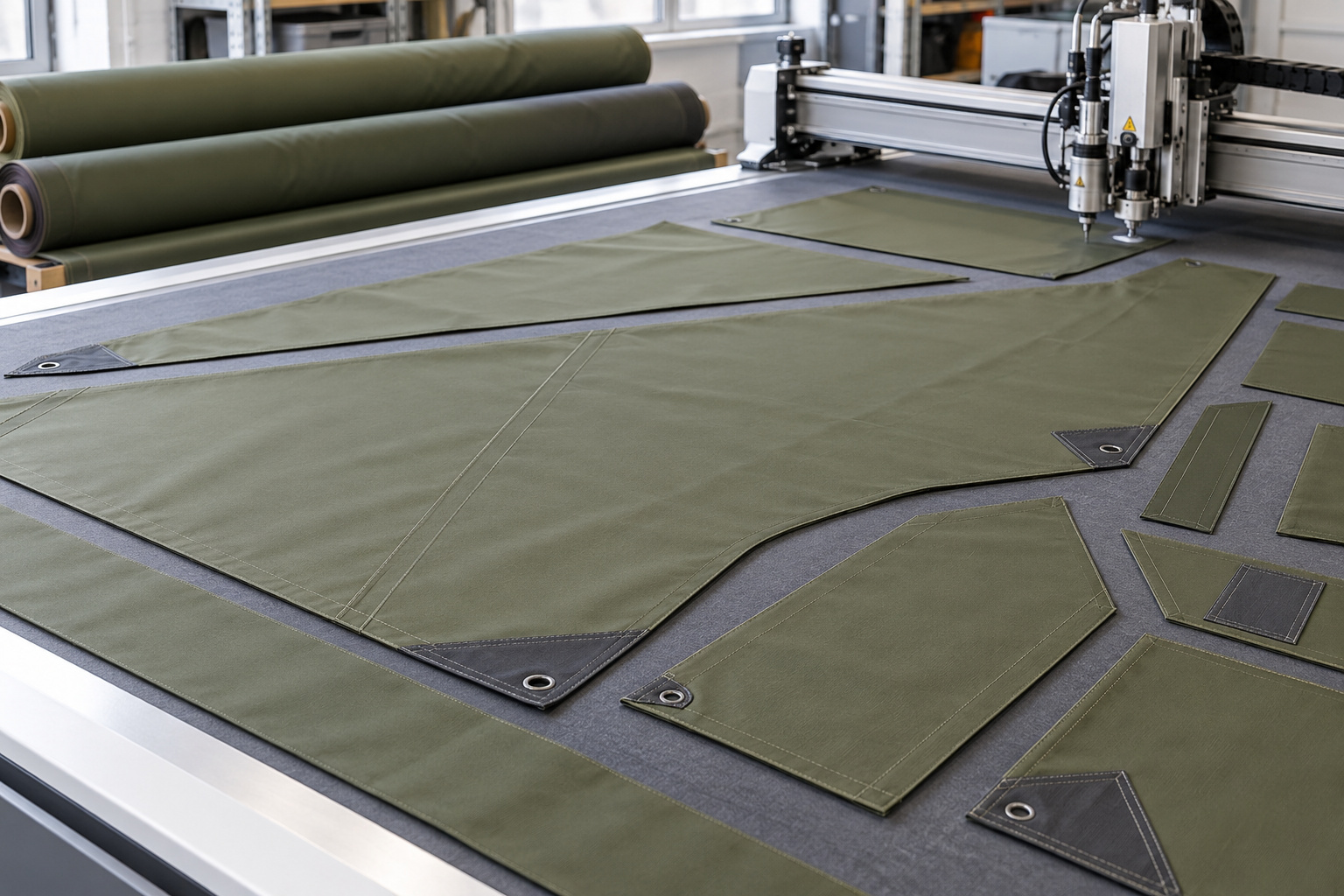 Olive outdoor fabric panels and reinforcement patches on a workshop table