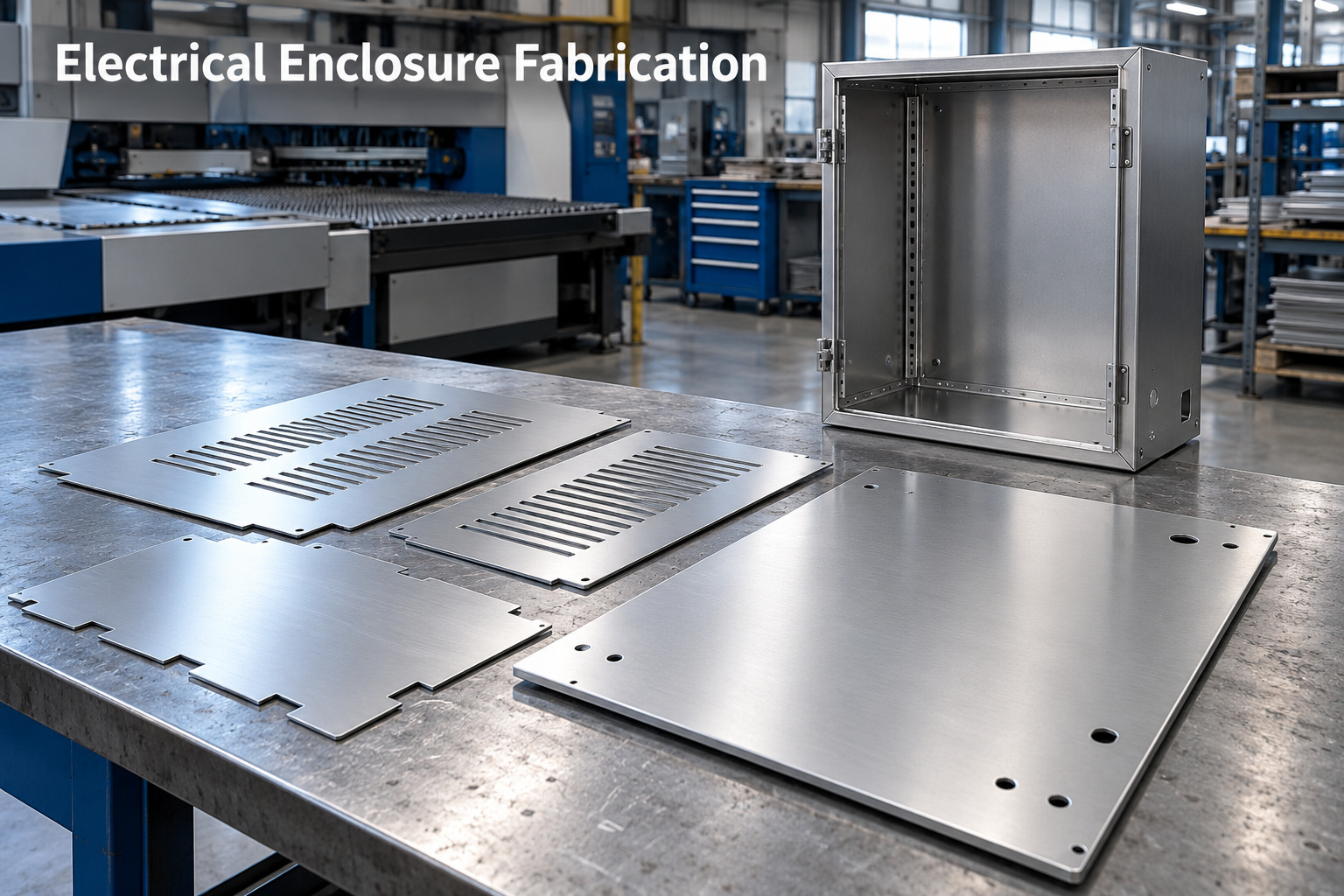 Illustration of cut sheet metal panels beside an electrical enclosure shell formed through additional fabrication