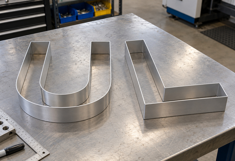 U-shaped and L-shaped aluminum channel letter returns before sign assembly