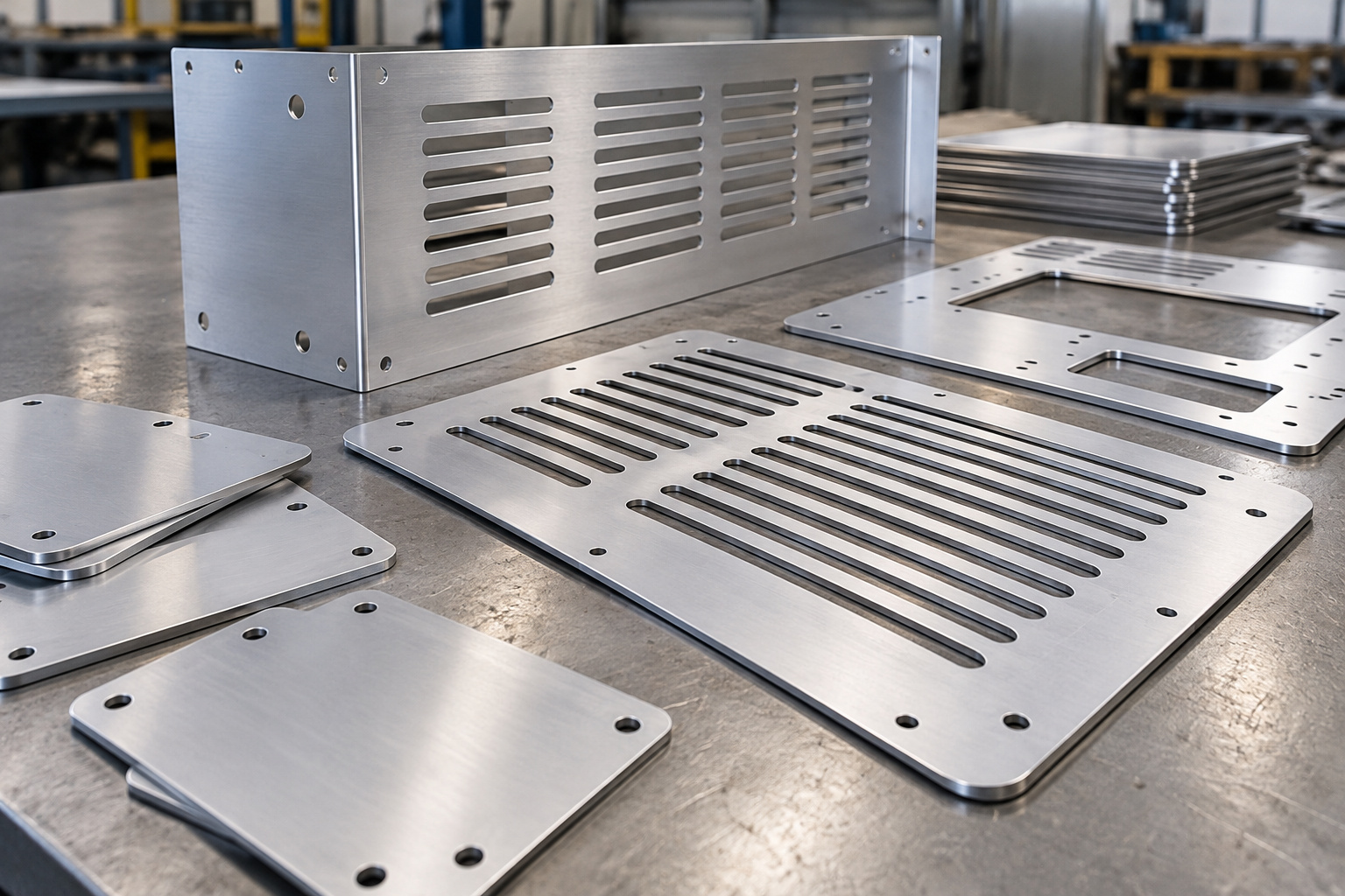 Laser-cut aluminum equipment panels with ventilation slots and mounting holes