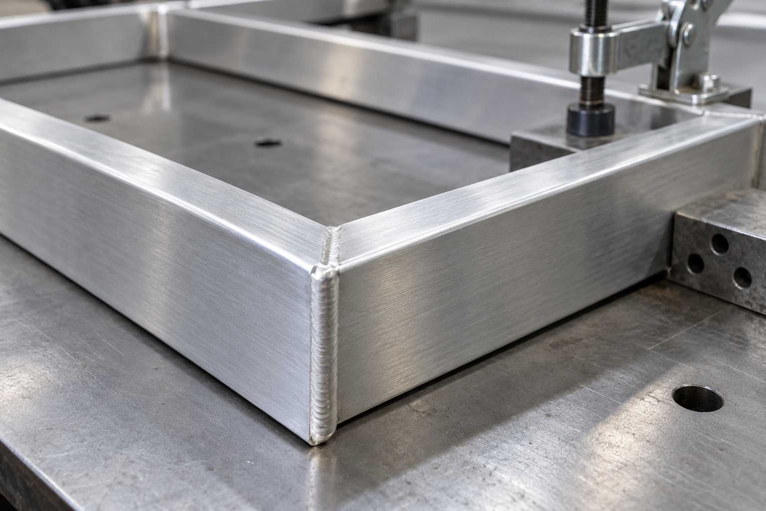 Aluminum square-tube frame with a welded corner joint on a fabrication workbench