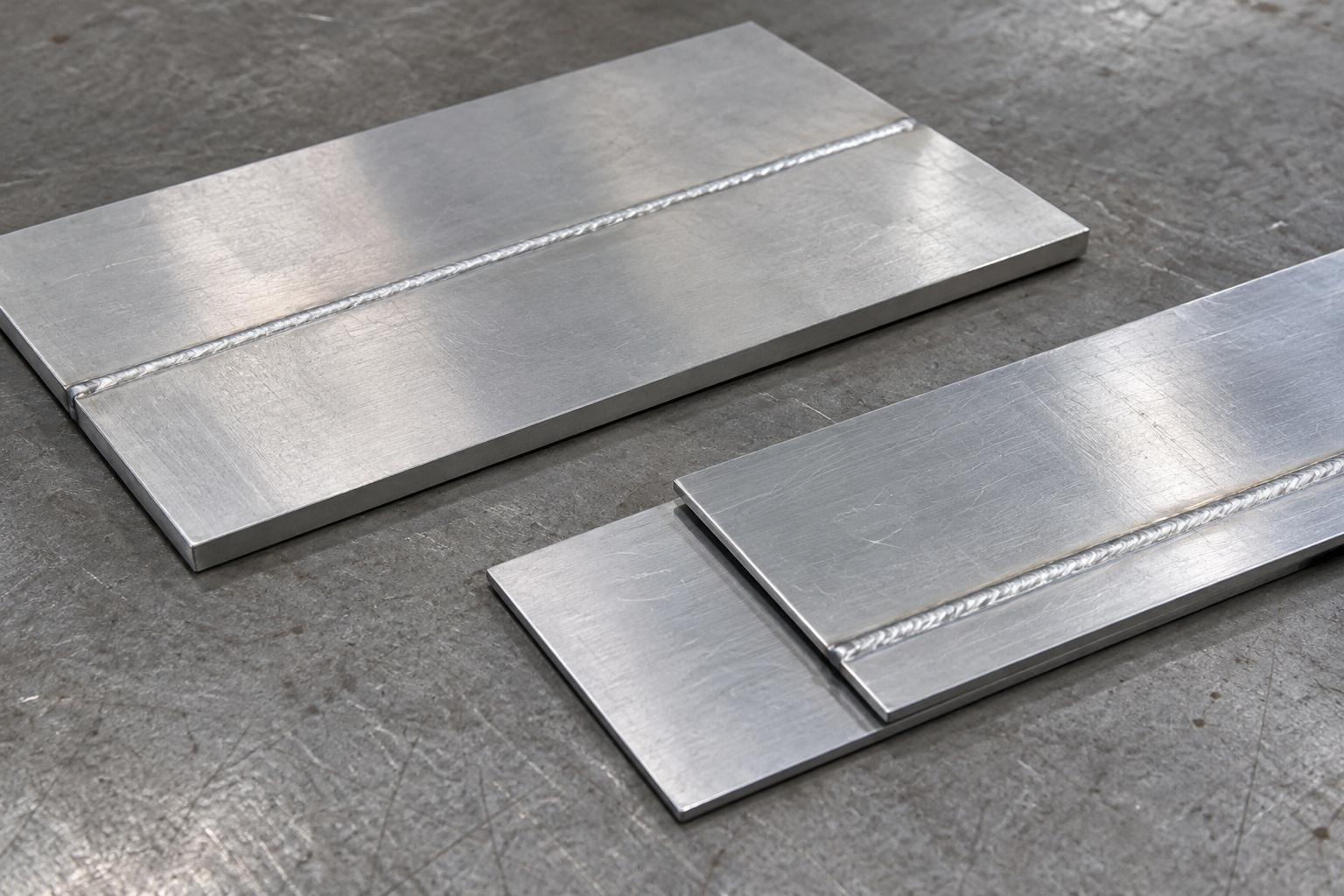 Aluminum butt-joint and lap-joint welding samples on an inspection bench