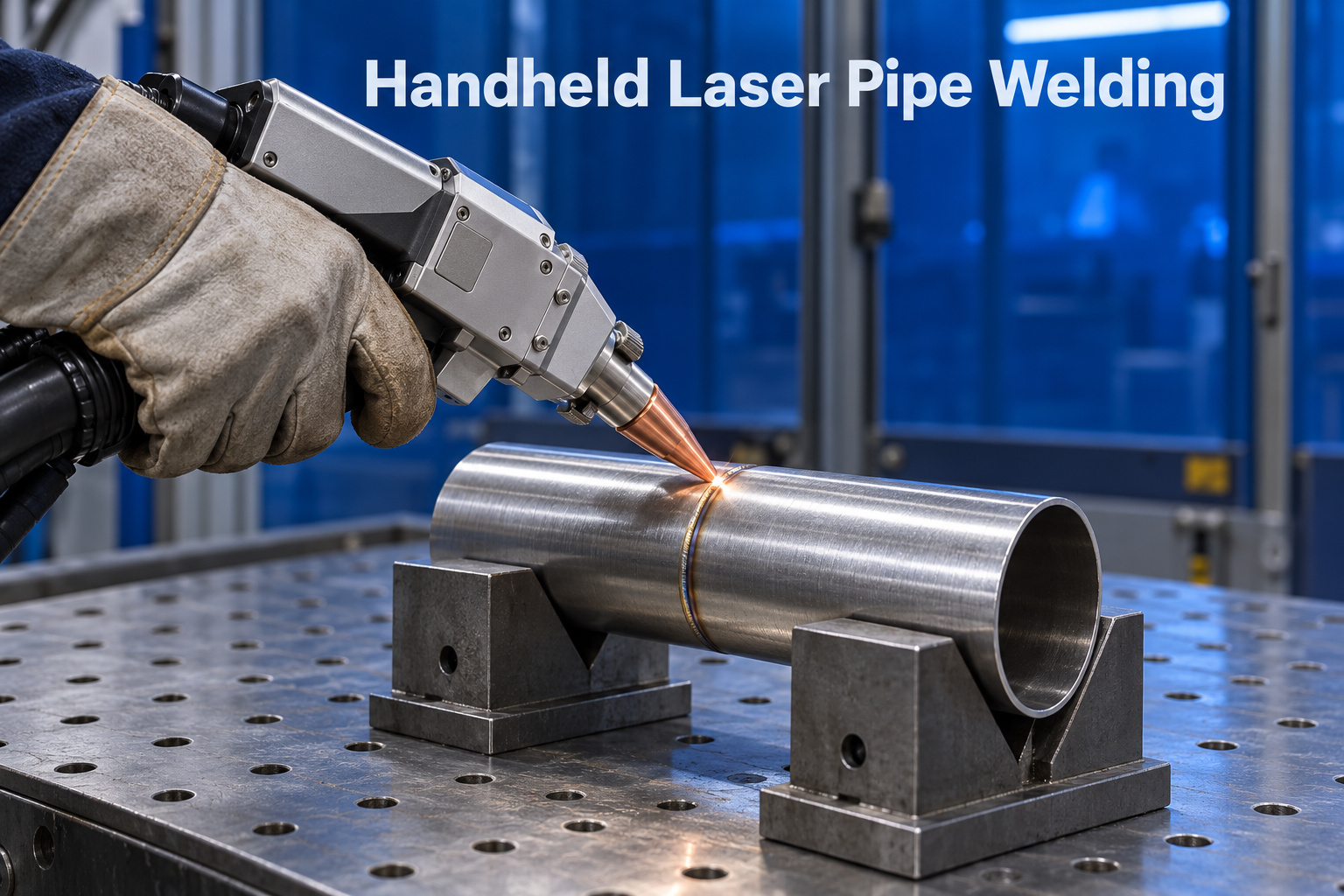 Illustration of a handheld laser welding gun joining stainless steel pipe sections supported in fixtures