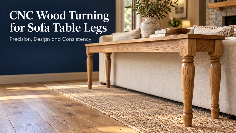 Illustration of an oak sofa console table with turned wooden legs and square mounting blocks in a living room