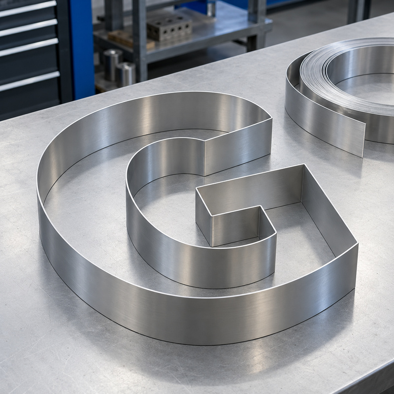 G-shaped aluminum channel letter return beside a coil of flat metal strip